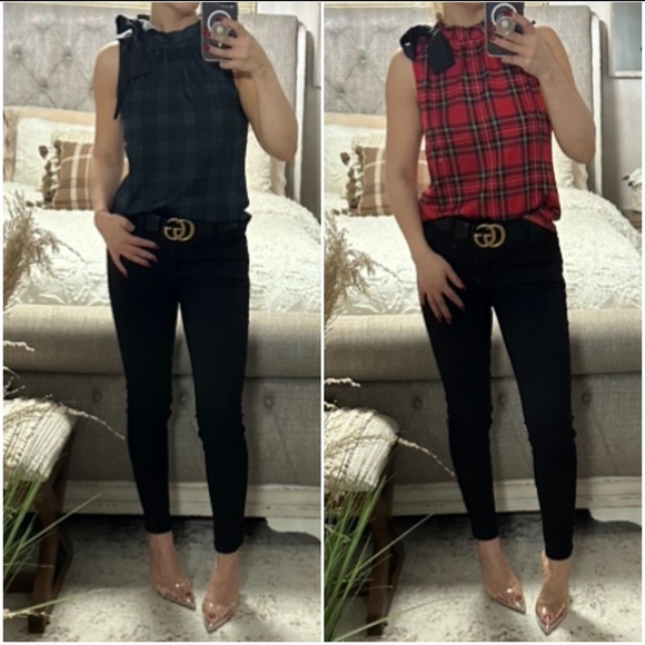 New❤️💚Beautiful Blackwatch /Red plaid bow-neck blousy top - Picture 4 of 12
